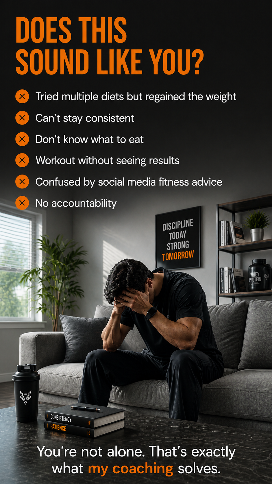 Does this sound like you? Tried multiple diets but regained the weight, can't stay consistent, don't know what to eat, workout without seeing results, confused by social media fitness advice, no accountability. You're not alone. That's exactly what my coaching solves.